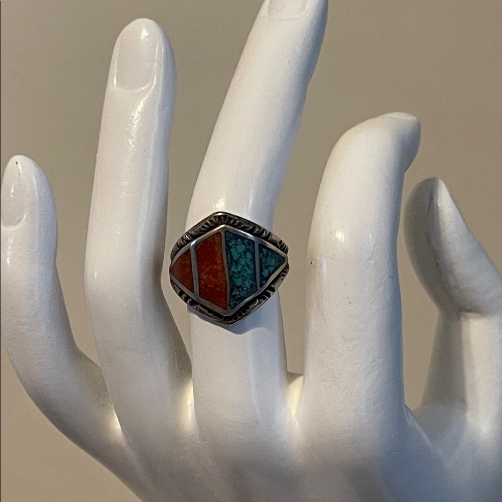 1950’s Navajo “Old Pawn” Crushed Turquoise & Red Coral Sterling Silver Ring